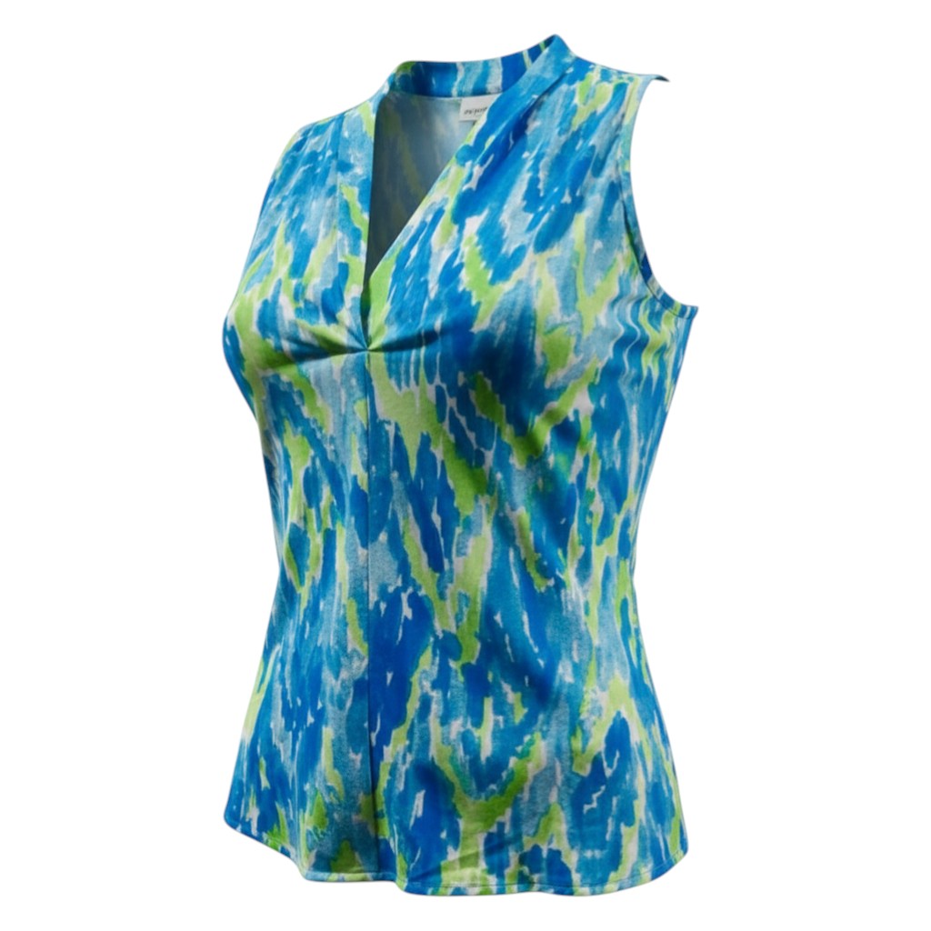 The Strawberry Shop La Mer Luxe Shannon sleeveless knit top in green and blue watercolor print. Made of polyester and spandex.