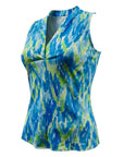 The Strawberry Shop La Mer Luxe Shannon sleeveless knit top in green and blue watercolor print. Made of polyester and spandex.