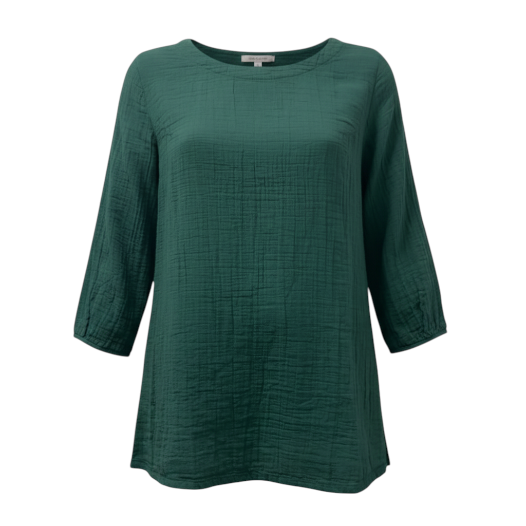 The Strawberry Shop green 100% cotton 3/4 sleeve top with side frog button closure and textured fabric.