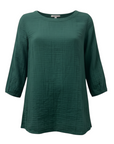 The Strawberry Shop green 100% cotton 3/4 sleeve top with side frog button closure and textured fabric.