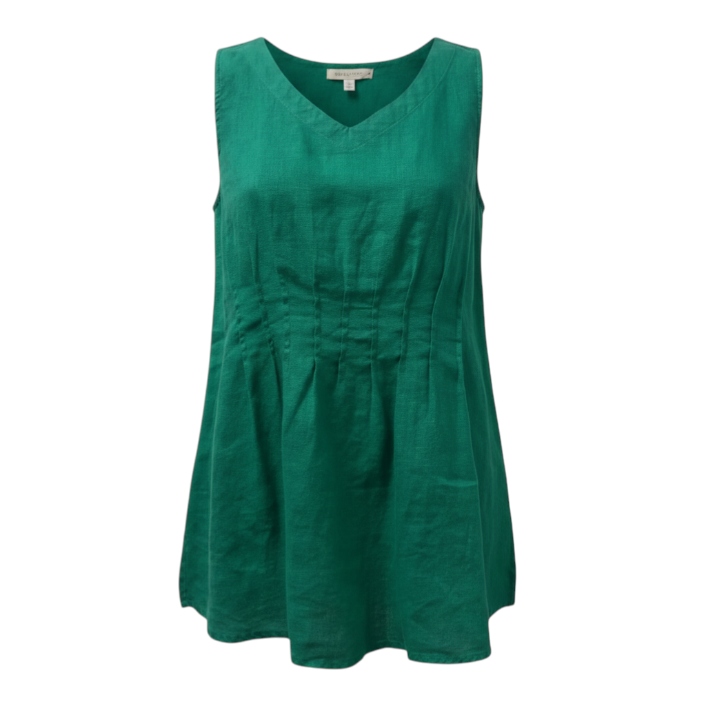 The Strawberry Shop green linen peplum tank top with V-neck and gathered front pleats.