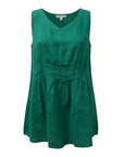 The Strawberry Shop green linen peplum tank top with V-neck and gathered front pleats.