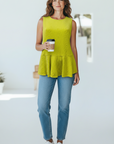 The Strawberry Shop green peplum tank top with textured fabric and linen-cotton blend.