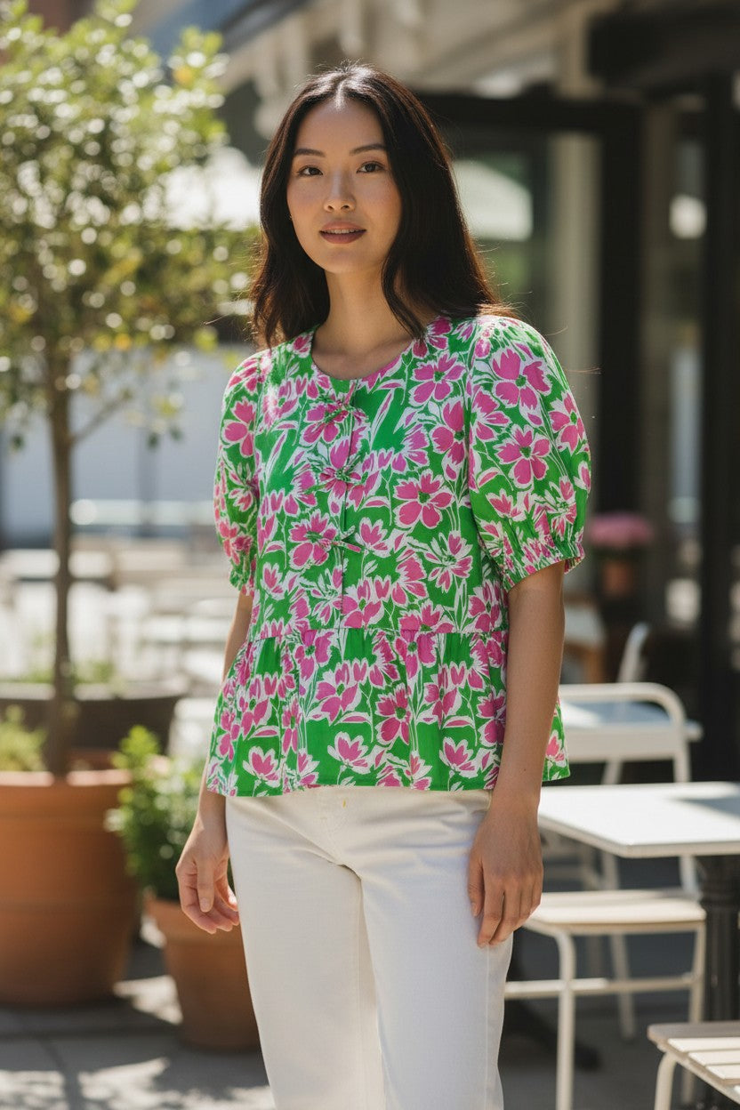 The Strawberry Shop green and pink floral print 100% cotton tiered peasant top with puff sleeves.