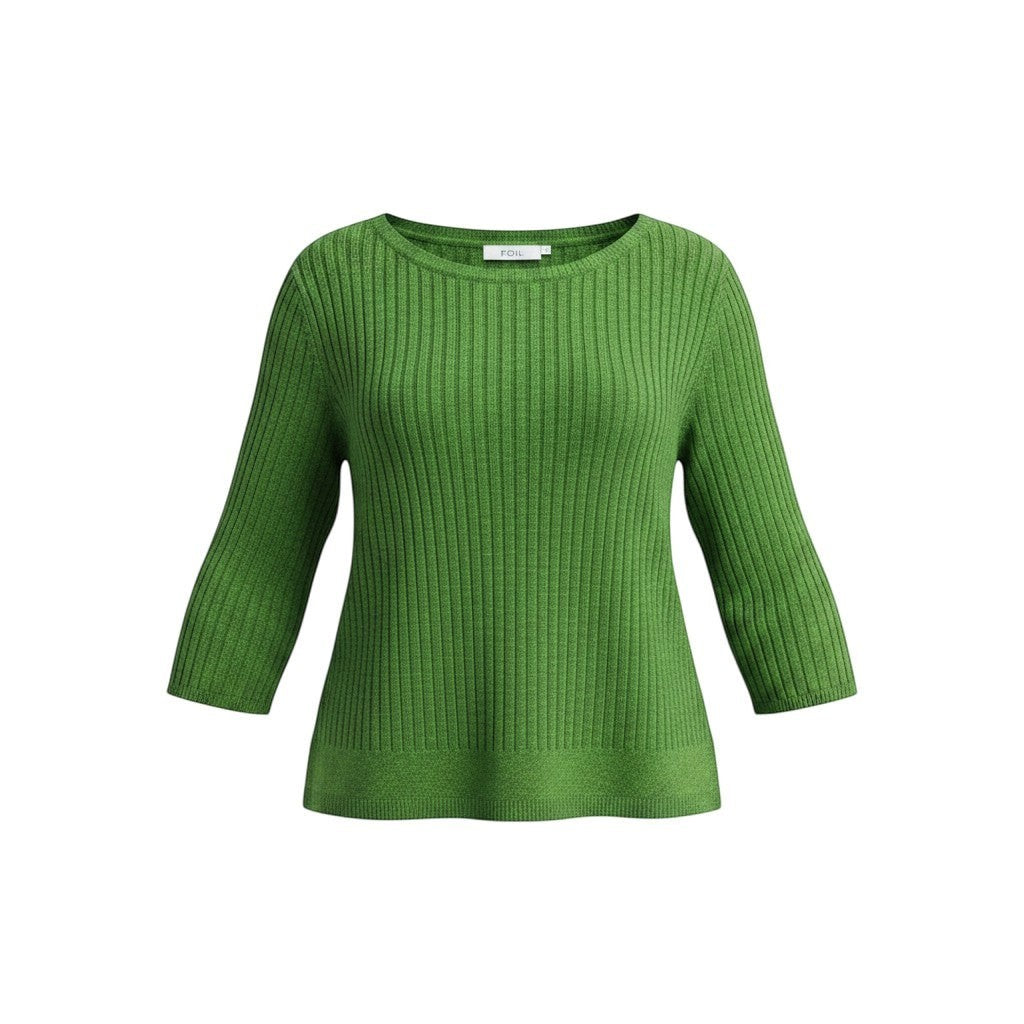 The Strawberry Shop green ribbed knit sweater with a boat neck and 3/4 sleeves.