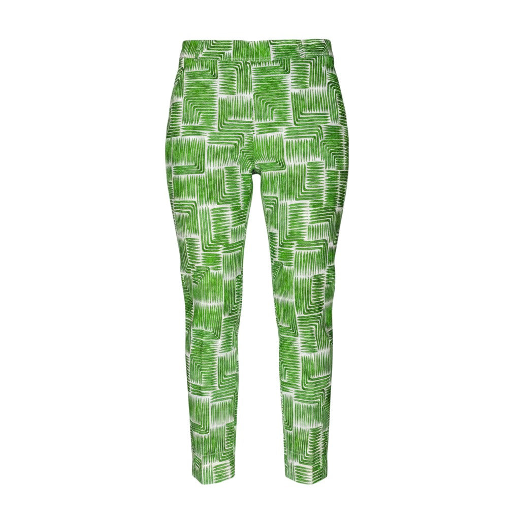 The Strawberry Shop green and white abstract print cropped pants with button detail at hem.