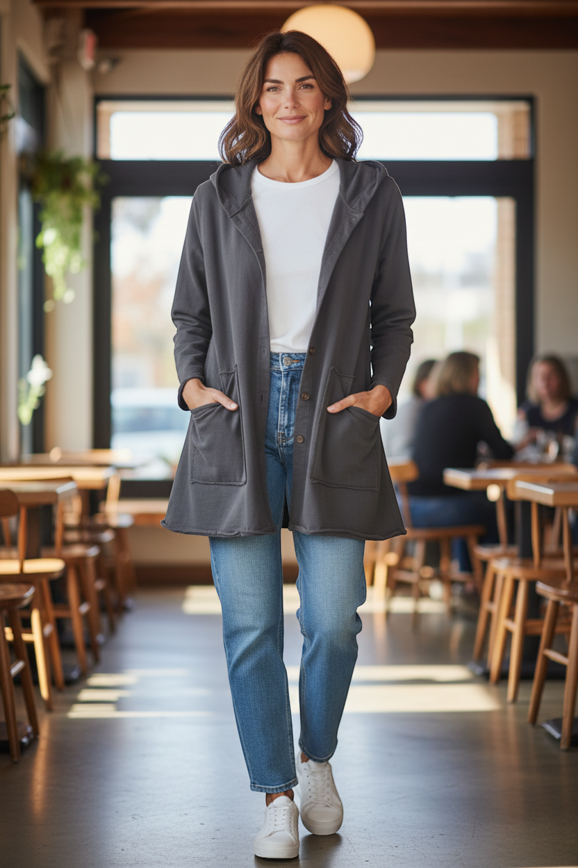 The Strawberry Shop grey cotton hooded jacket with brown buttons, large front pockets, and high-low hem.