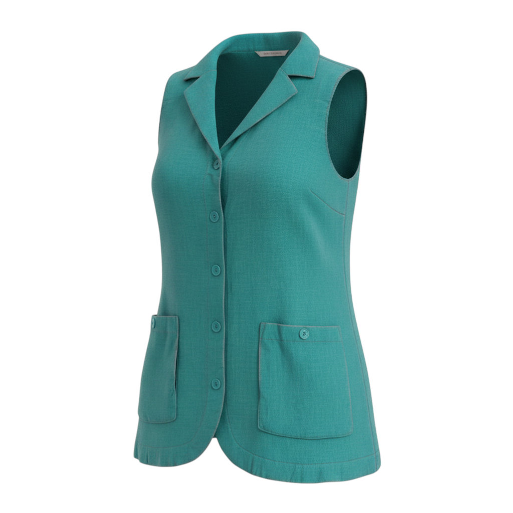 The Strawberry Shop Kleen sleeveless vest top in ocean blue with collar, button-down front, and two front pockets.