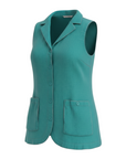 The Strawberry Shop Kleen sleeveless vest top in ocean blue with collar, button-down front, and two front pockets.