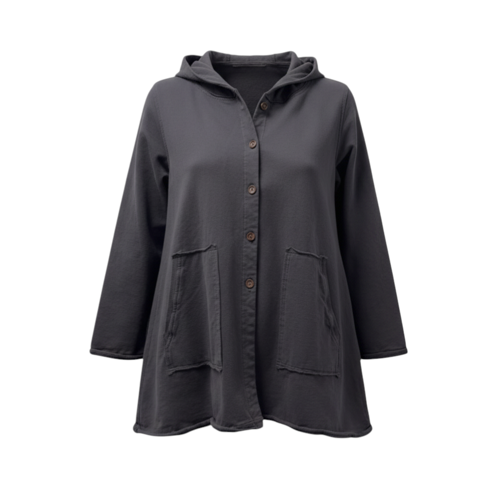 The Strawberry Shop Kleen Reef Rock hooded jacket in charcoal grey cotton with large front pockets, brown button closure, and high-low hem.