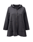 The Strawberry Shop Kleen Reef Rock hooded jacket in charcoal grey cotton with large front pockets, brown button closure, and high-low hem.