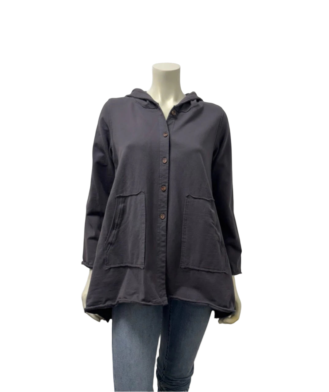The Strawberry Shop Kleen hooded jacket in reef rock grey cotton with front pockets, brown buttons and high-low hem.