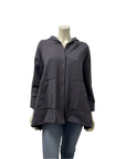 The Strawberry Shop Kleen hooded jacket in reef rock grey cotton with front pockets, brown buttons and high-low hem.