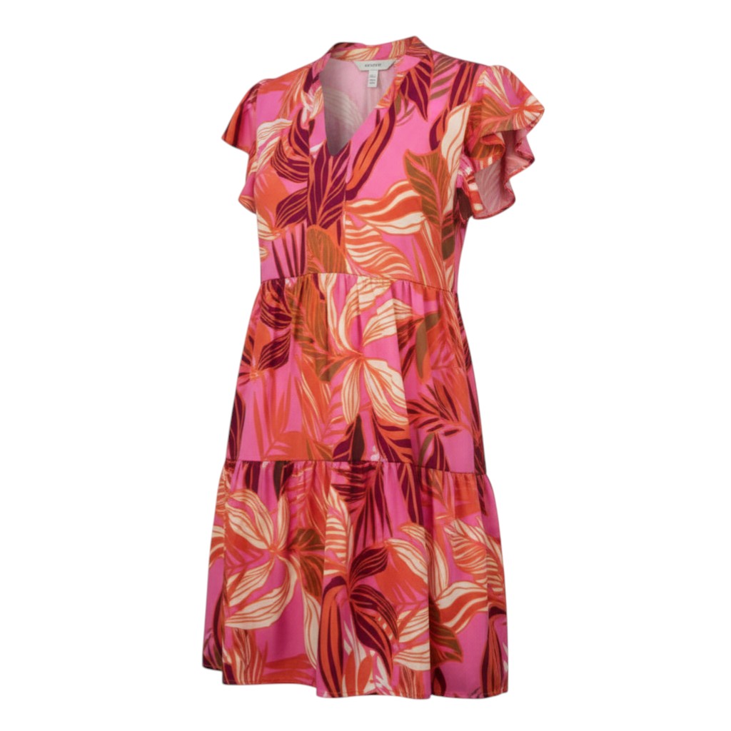 The Strawberry Shop La Mer Luxe Brooke Dress in multicolor floral print. Short flutter sleeves, tiered skirt, v-neck. 90% Polyester, 10% Spandex.