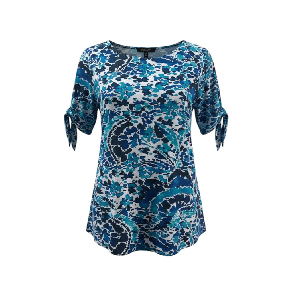 The Strawberry Shop La Mer Luxe Sibley top in multi blue Monaco print. Features tie sleeves, short sleeves, and a scoop neck. Made of polyester and spandex.