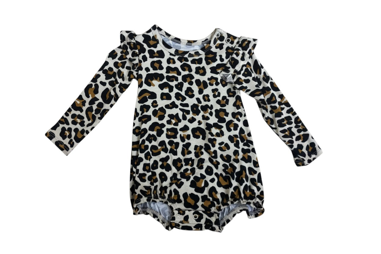 The Strawberry Shop Lana leopard tan bamboo bubble romper with ruffled sleeves and cheetah print.