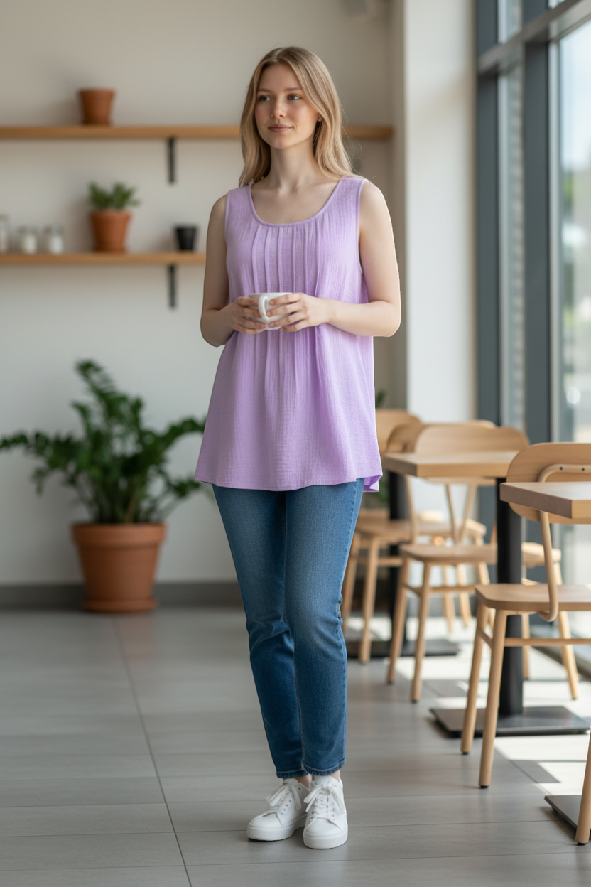 The Strawberry Shop lavender cotton sleeveless top with front tuck pleating and scoop neckline.