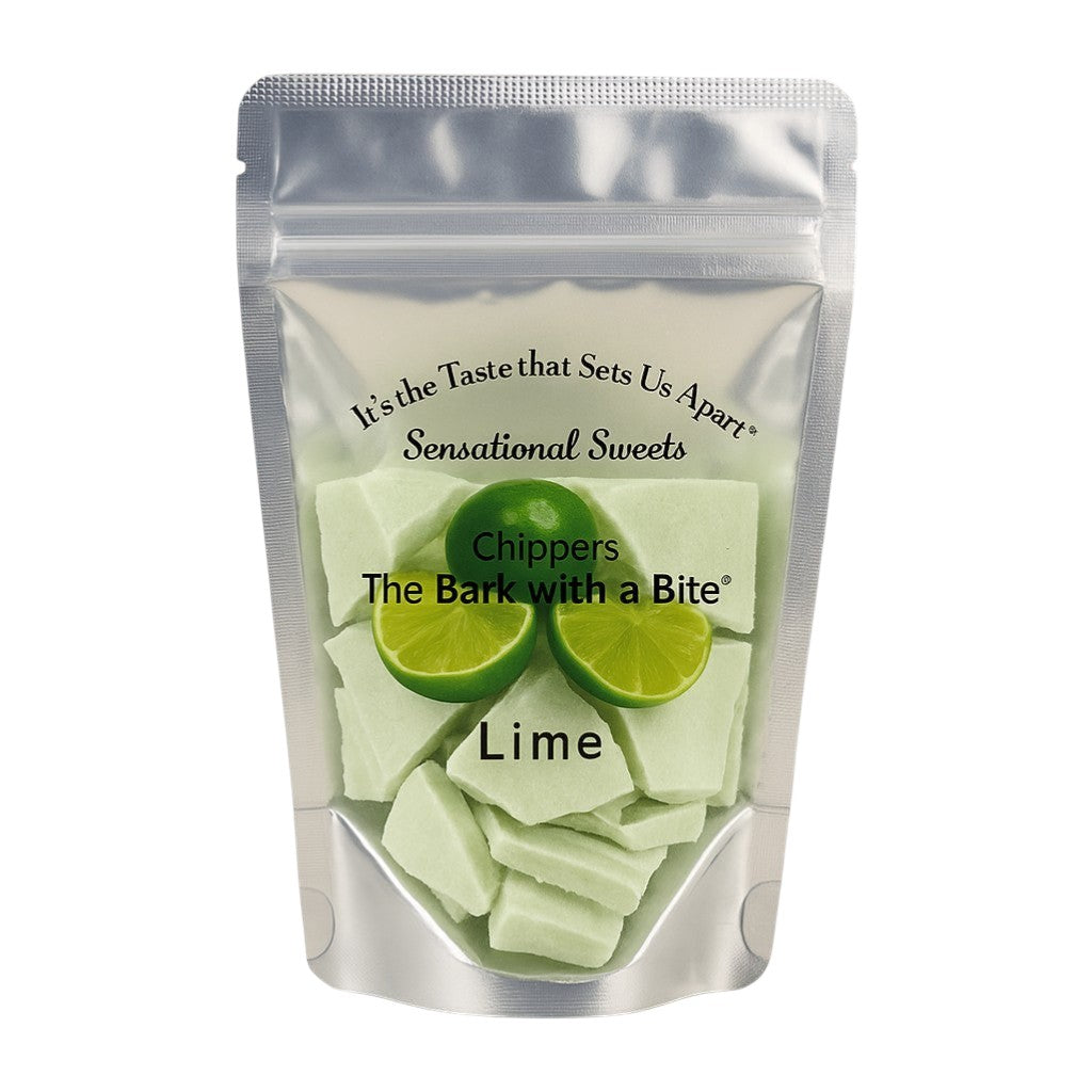 The Strawberry Shop Sensational Sweets lime bark with two lime slices on top. Nut &amp; Gluten Free.