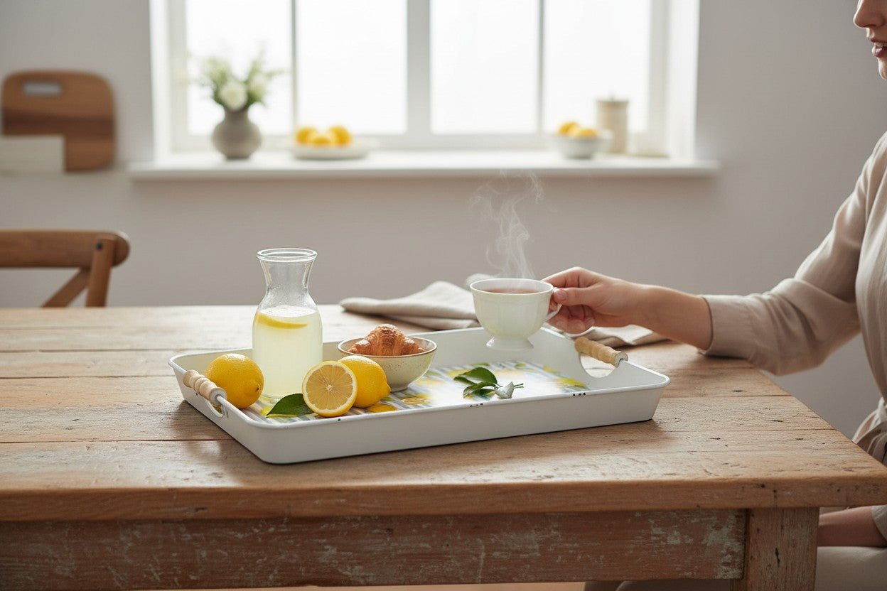 The Strawberry Shop Limonata serving tray with a lemon and leaf pattern on a blue and white striped background. Features wooden handles.