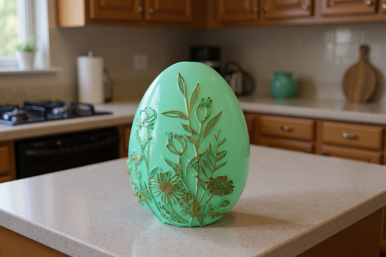 The Strawberry Shop mint green egg decor with embossed gold floral designs, perfect for spring or Easter.