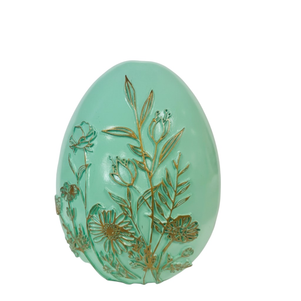 The Strawberry Shop mint green egg decor with embossed gold floral design.