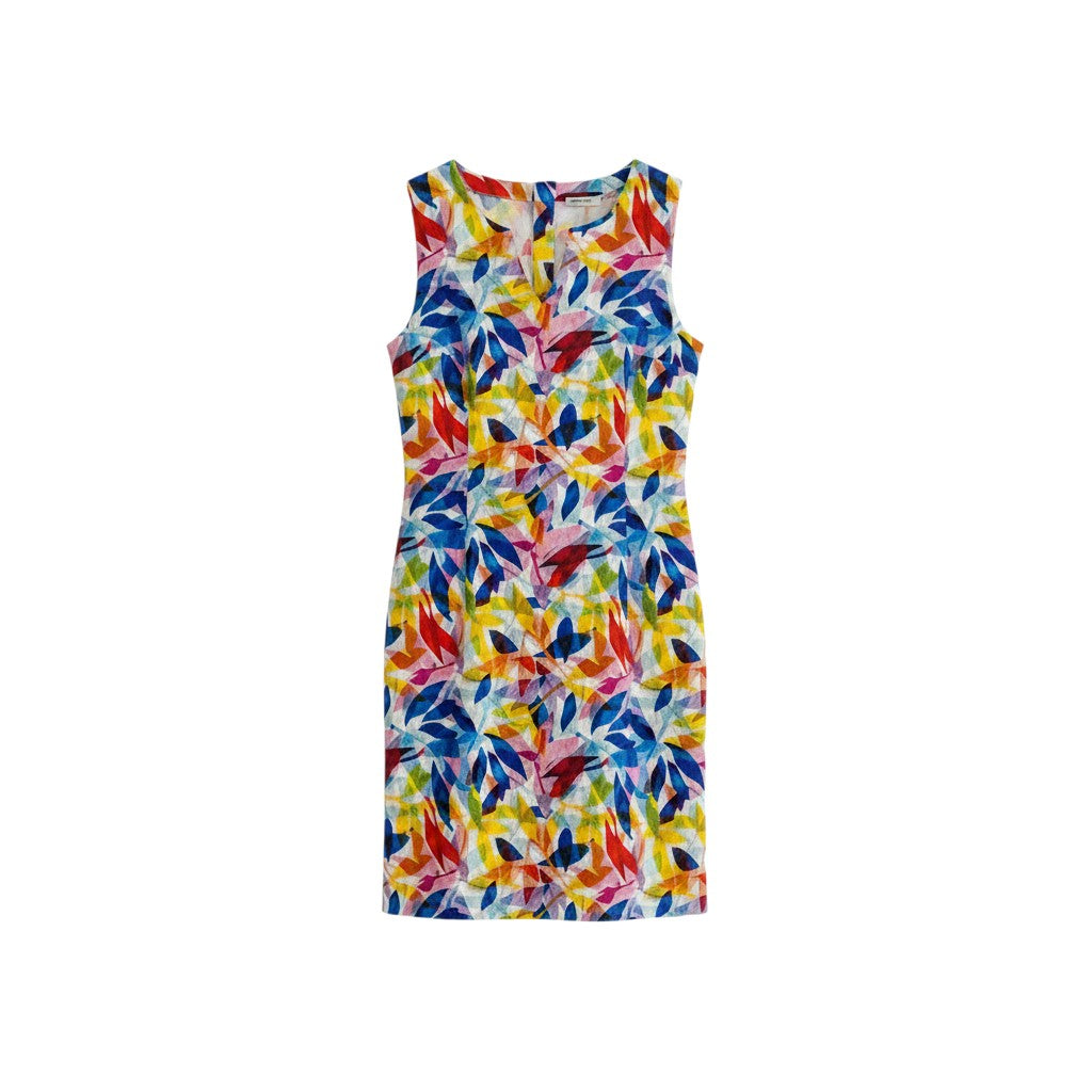 The Strawberry Shop women's sleeveless linen dress with a vibrant multicoloured leaf print and V-neckline.