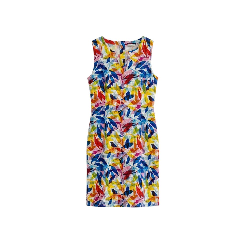 The Strawberry Shop women's sleeveless linen dress with a vibrant multicoloured leaf print and V-neckline.