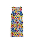 The Strawberry Shop women's sleeveless linen dress with a vibrant multicoloured leaf print and V-neckline.