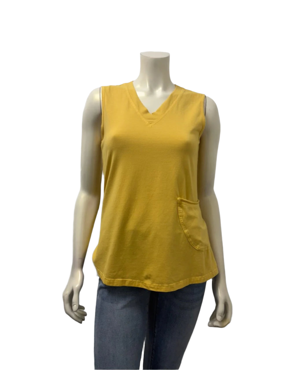 The Strawberry Shop mustard yellow sleeveless cotton blend V-neck tank top with a side pocket.