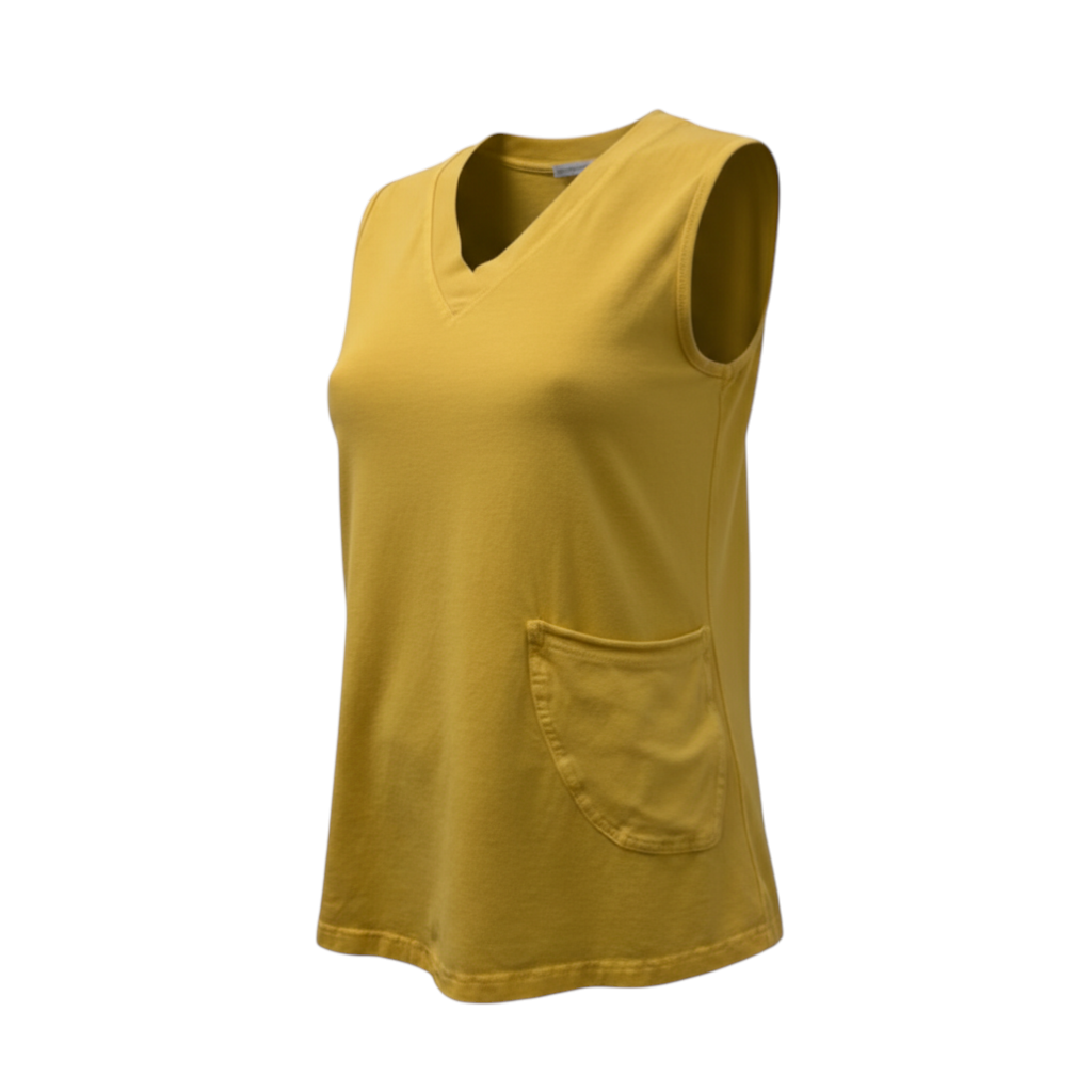 The Strawberry Shop mustard yellow sleeveless cotton blend V-neck tank top with a side pocket.