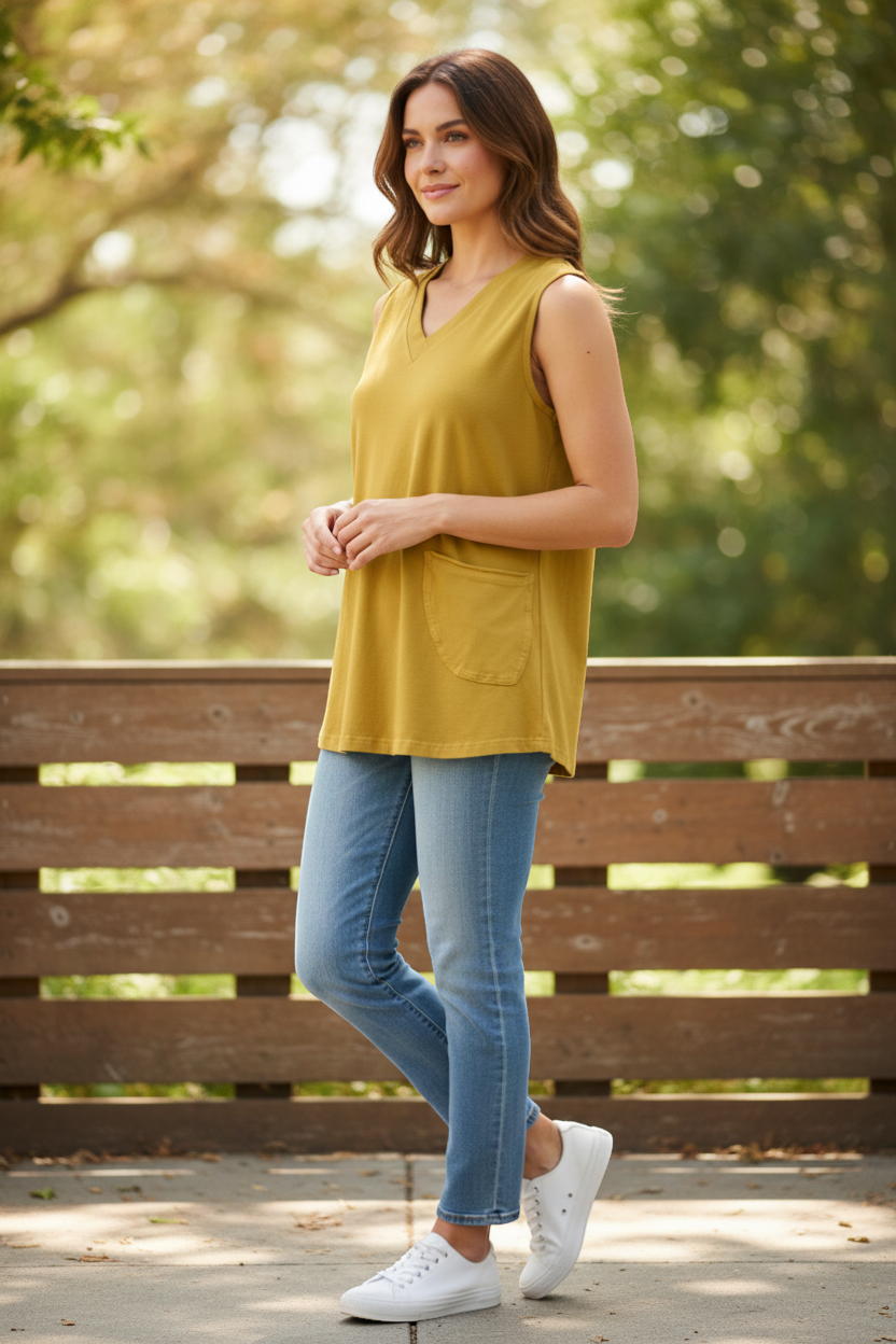 The Strawberry Shop mustard yellow sleeveless cotton V-neck tank top with a side pocket. 96% Cotton, 4% Spandex.