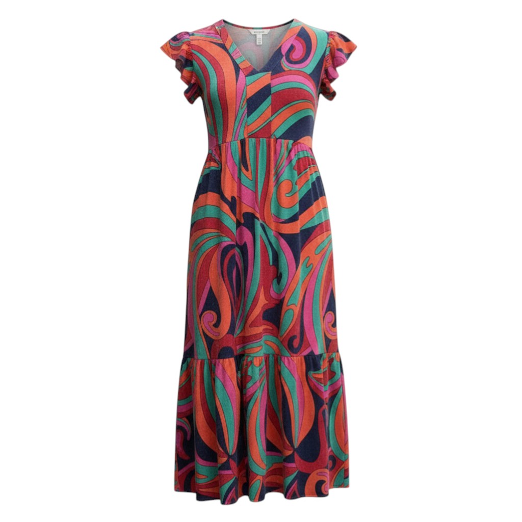 The Strawberry Shop La Mer Luxe Brooke midi dress in navy, aquamarine, pink, and orange abstract print. Knit short sleeve with tiered skirt.