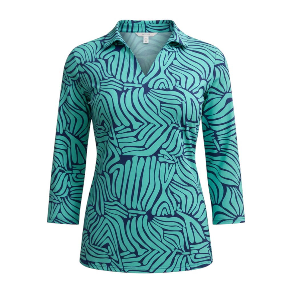 The Strawberry Shop navy and aquamarine abstract print 3/4 sleeve tunic top made of polyester and spandex.