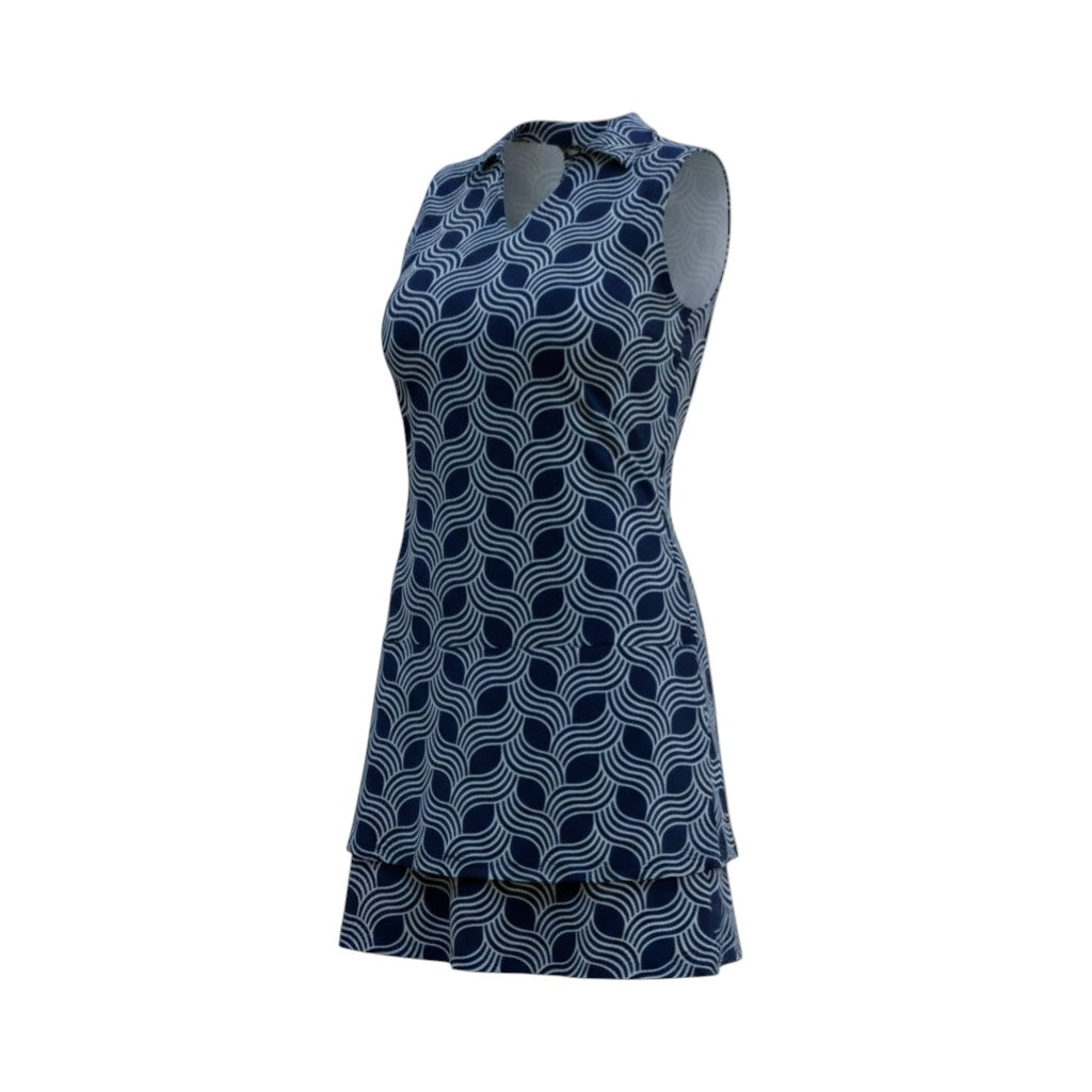 The Strawberry Shop navy Lagos knit sleeveless Barbara dress with a geometric wave pattern and ruffled hem. 90% Polyester, 10% Spandex.