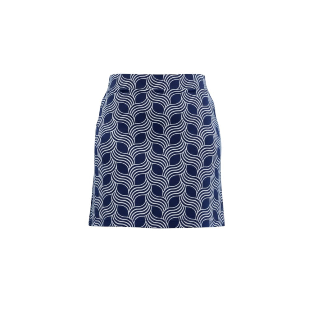 The Strawberry Shop navy Lagos knit skort with a geometric pattern, made of polyester and spandex.