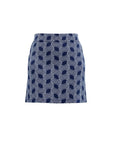 The Strawberry Shop navy Lagos knit skort with a geometric pattern, made of polyester and spandex.