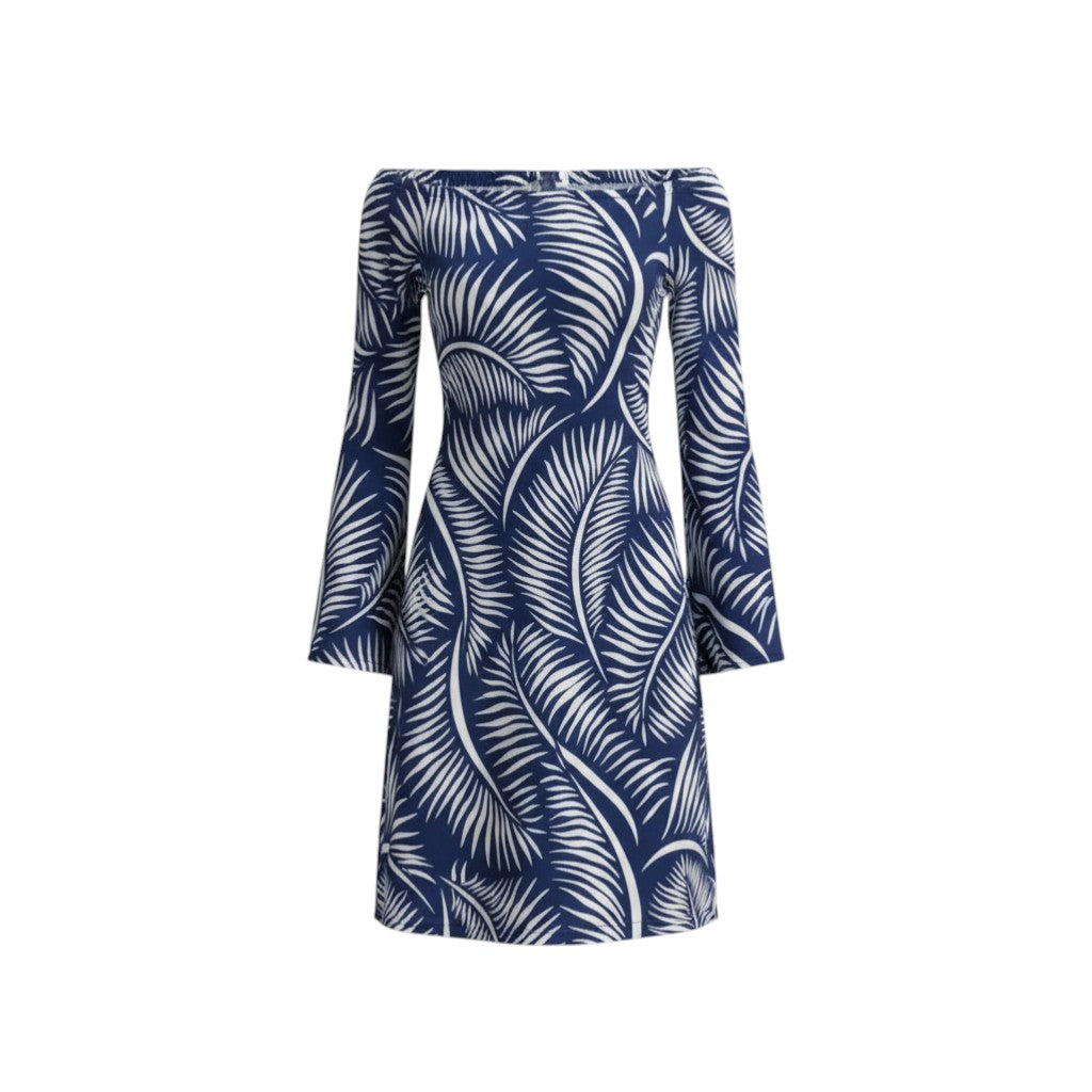 The Strawberry Shop navy blue off-the-shoulder dress with white palm leaf print, 3/4 sleeves, and polyester-spandex blend.
