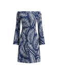 The Strawberry Shop navy blue off-the-shoulder dress with white palm leaf print, 3/4 sleeves, and polyester-spandex blend.