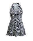 The Strawberry Shop navy and white sleeveless knit Barbara dress with collar and fun hem. 90% Polyester, 10% Spandex.