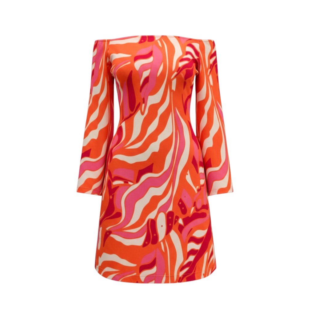 The Strawberry Shop orange, fuchsia, and white abstract print knit dress with 3/4 split sleeves and off-the-shoulder neckline.