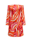 The Strawberry Shop orange, fuchsia, and white abstract print knit dress with 3/4 split sleeves and off-the-shoulder neckline.