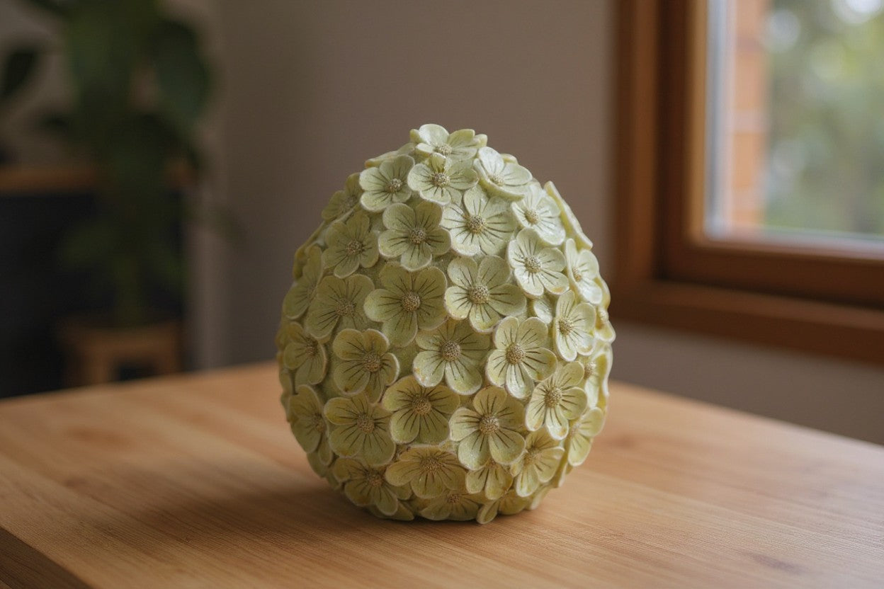 The Strawberry Shop decorative egg covered in pale yellow flowers with glitter accents.