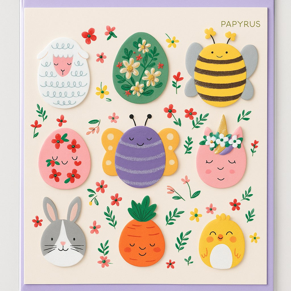 The Strawberry Shop Papyrus Easter card featuring a sheep, decorated eggs, bee, butterfly, unicorn, bunny, carrot, and chick.