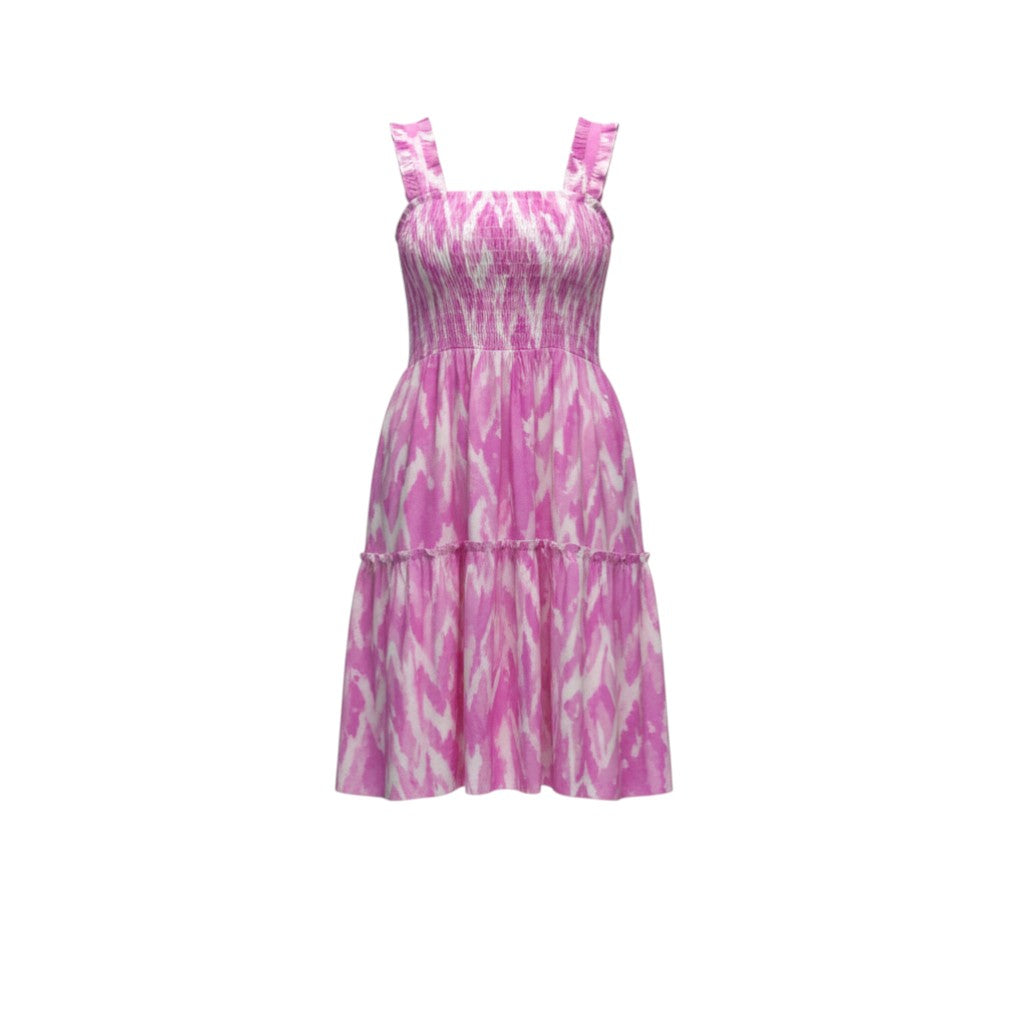 The Strawberry Shop sleeveless pink watercolor print tiered midi dress with smocked bodice.