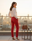The Strawberry Shop red tailored slim-fit trousers with a mid-rise waist and ankle-length.
