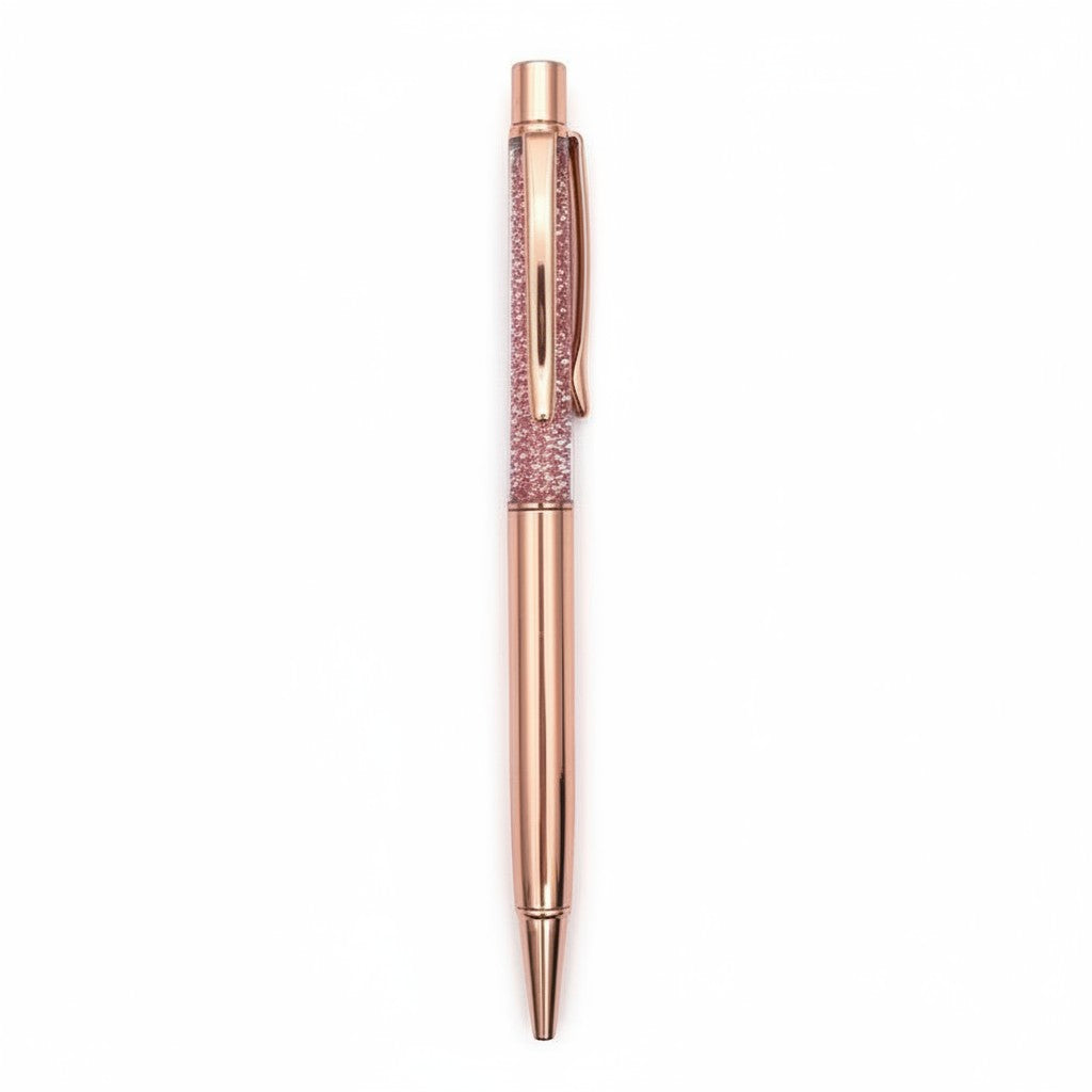 The Strawberry Shop Snifty Glitter Pen with rose gold barrel and pink glitter-filled barrel.