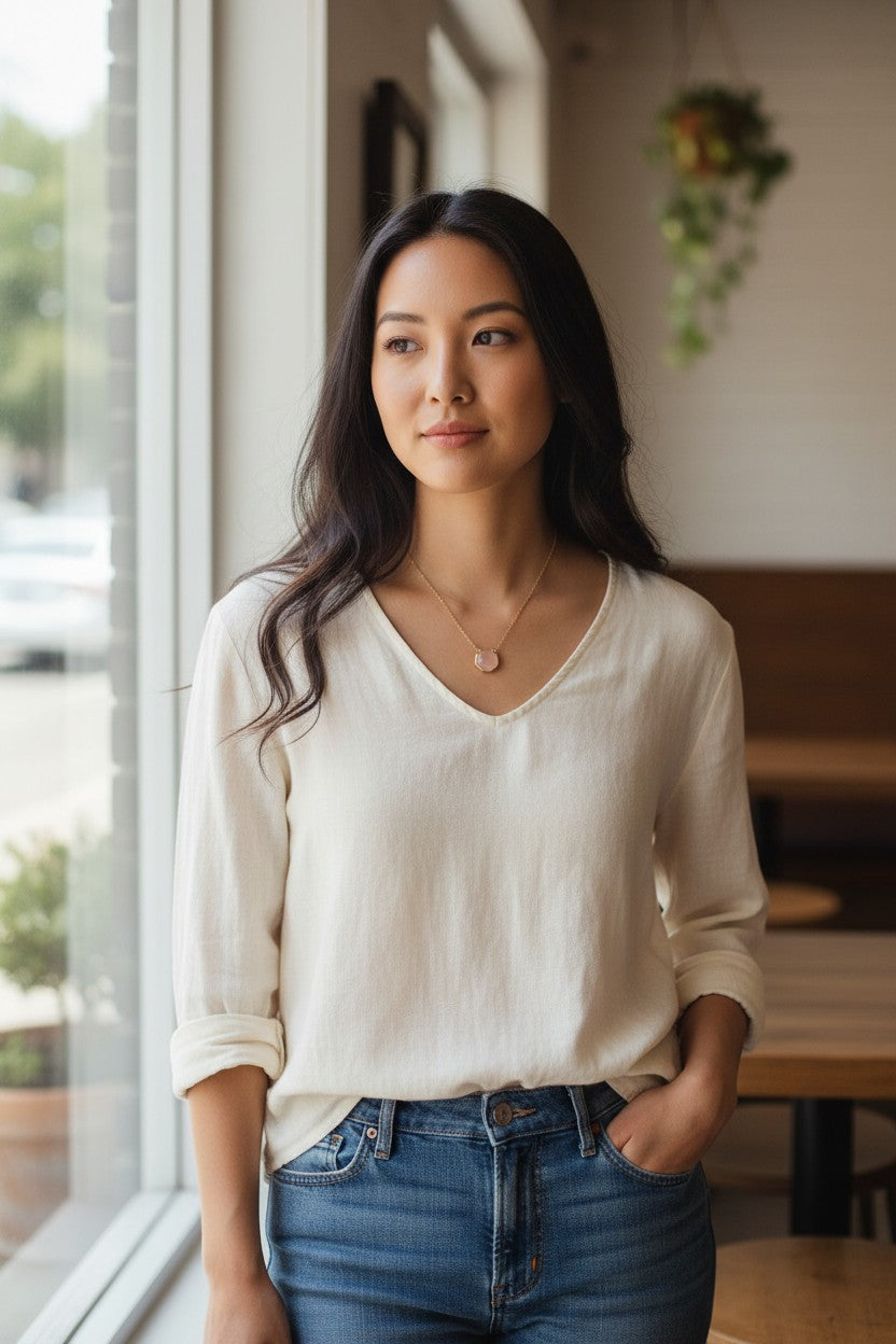 The Strawberry Shop Soul Stacks rose quartz pendant necklace with goldtone chain and engraved 'LOVE' intention.