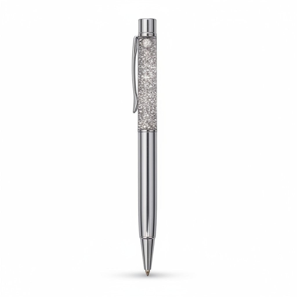 The Strawberry Shop Snifty Pen SPGD04, silver metal pens with glitter-filled clear barrels. Set of 6.