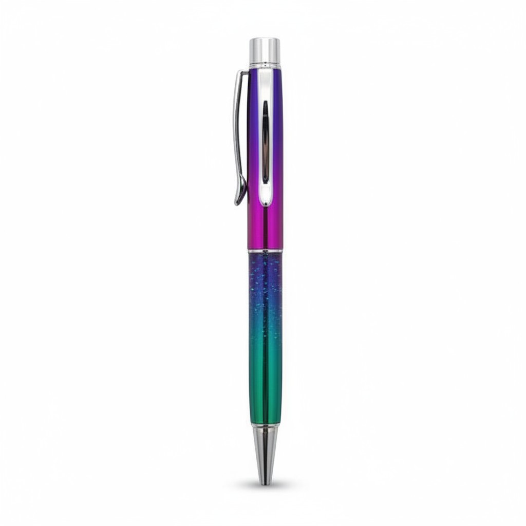 The Strawberry Shop Snifty Glitter Pens feature a rainbow metallic barrel and a clear section filled with blue and green glitter.
