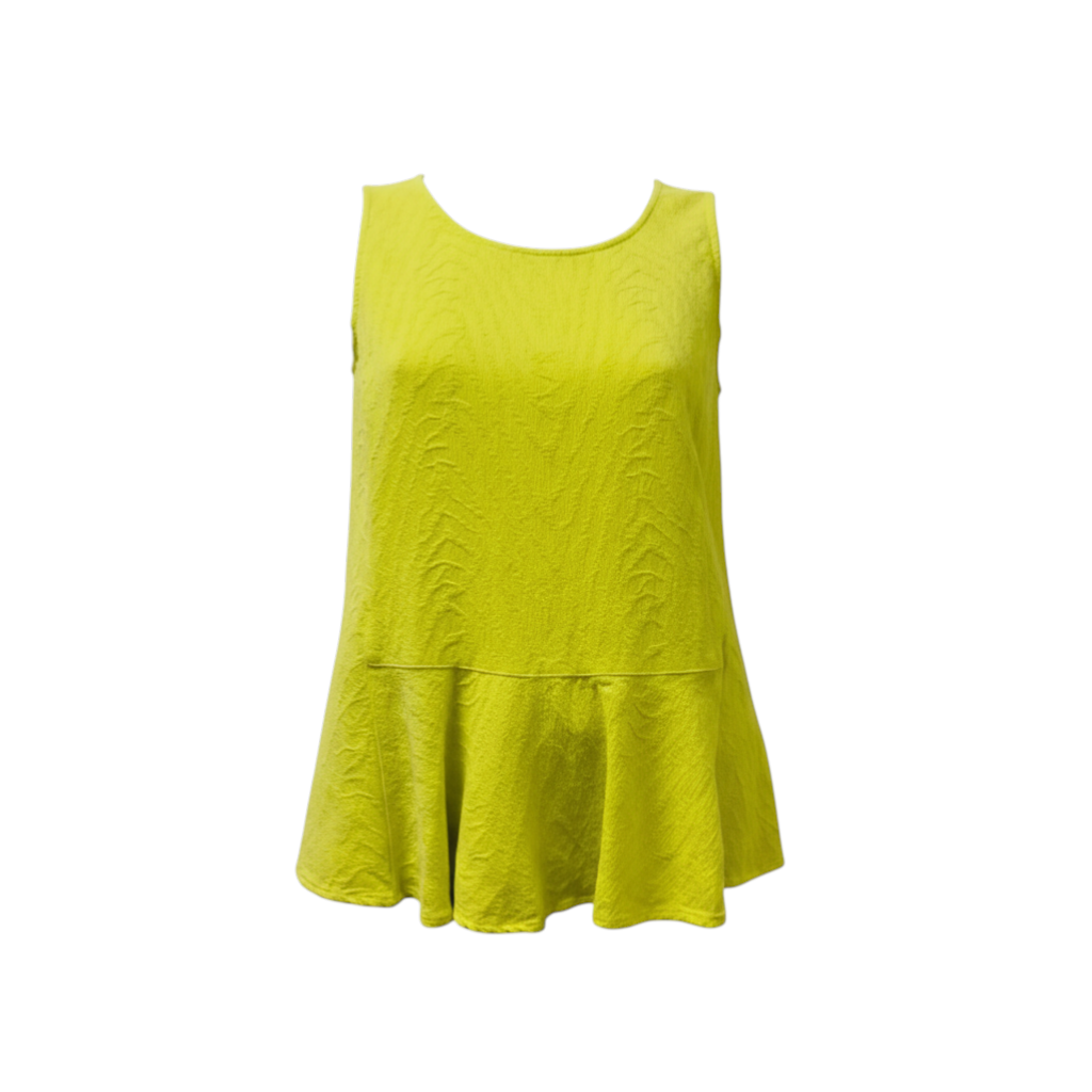 The Strawberry Shop Sprout Kleen Peplum Tank Top, a sleeveless linen-cotton blend with a textured pattern and peplum hem.